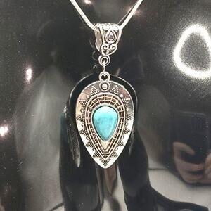 925 Silver Necklace w/ Turquoise Inverted Teardrop Pendant Valentines Gift - NEW
